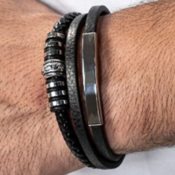 🎉HP🎉Men’s Black Leather Triple Strand Steel Bracelet - Picture 2 of 6